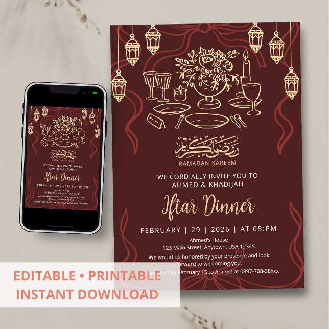 Convites Jantar de Iftar de Ramadan Marrom e Dourado Elegan (Criador carregado)