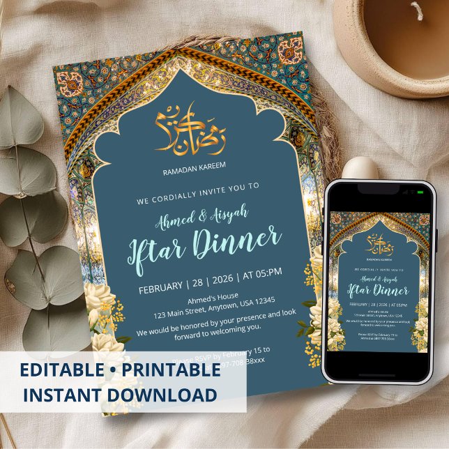 Convites Jantar de Iftar do Arco Azul e Dourado Elegante do (Criador carregado)