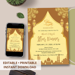 Convites Jantar de Iftar do Arco Islâmico Luxuoso Dourado e