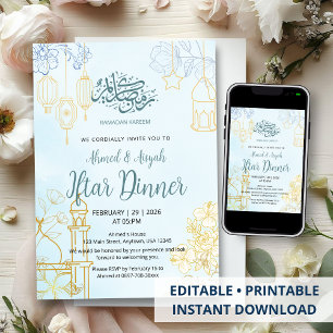 Convites Jantar de Iftar do Ramadan Floral Azul e Dourado M