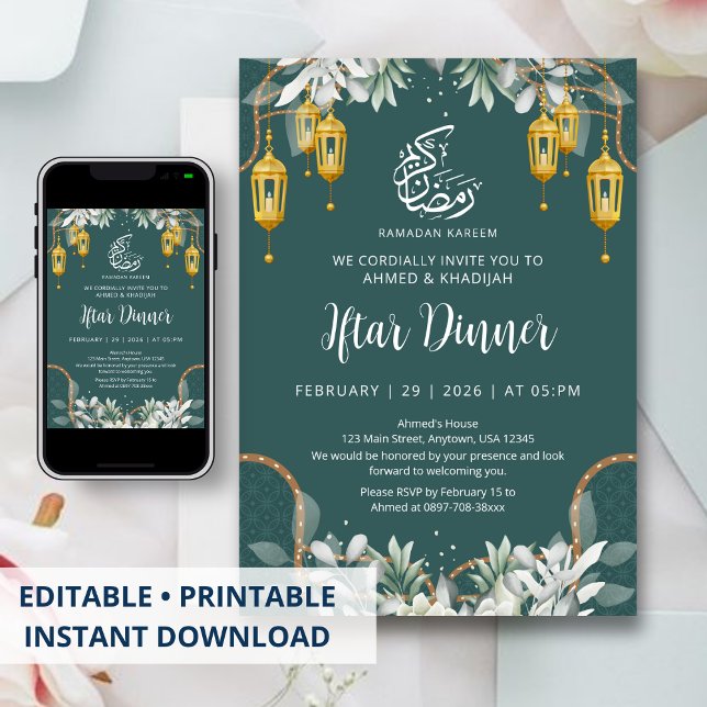 Convites Jantar de Iftar do Ramadão com Padrão Azul Tradici (Criador carregado)
