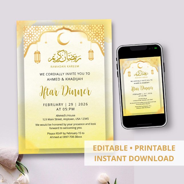 Convites Jantar de Iftar Dourado com Padrão Islâmico Tradic (Criador carregado)