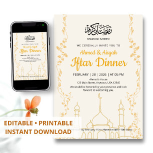 Convites Jantar de Iftar Elegante Dourado Ramadan Kareem
