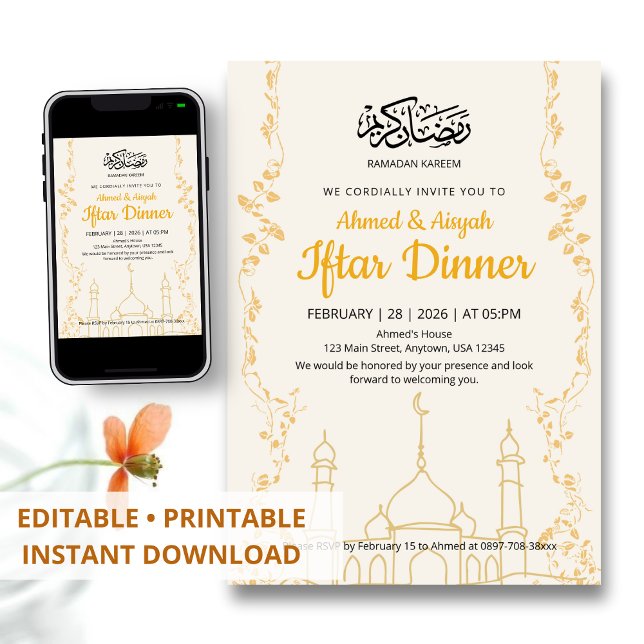 Convites Jantar de Iftar Elegante Dourado Ramadan Kareem (Criador carregado)