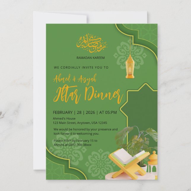 Convites Jantar de Iftar Elegante Verde e Dourado Ramadan K (Frente)