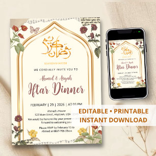 Convites Jantar de Iftar Floral Arco de Ouro Elegante do Ra