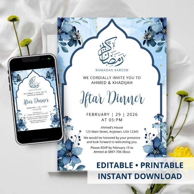 Convites Jantar de Iftar Floral em Aquarela Azul Marinho do (Criador carregado)
