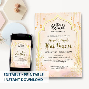 Convites Jantar de Iftar Floral Rosa Suave do Ramadão