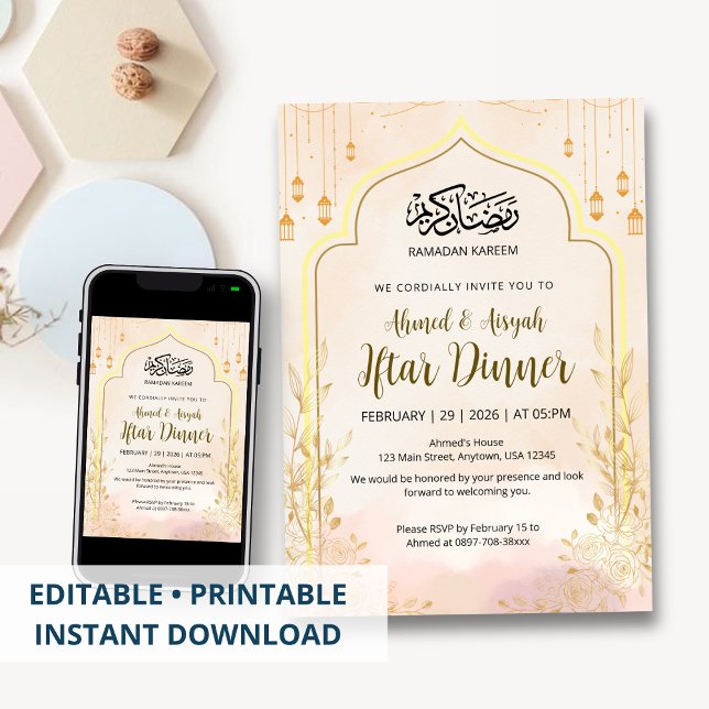 Convites Jantar de Iftar Floral Rosa Suave do Ramadão (Criador carregado)