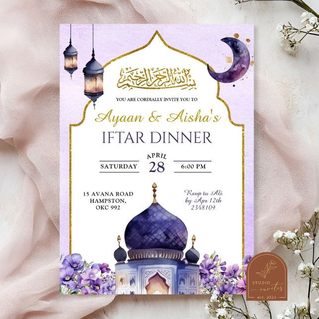 Convites Jantar de Iftar Floral Roxo Islã Eid  (Criador carregado)
