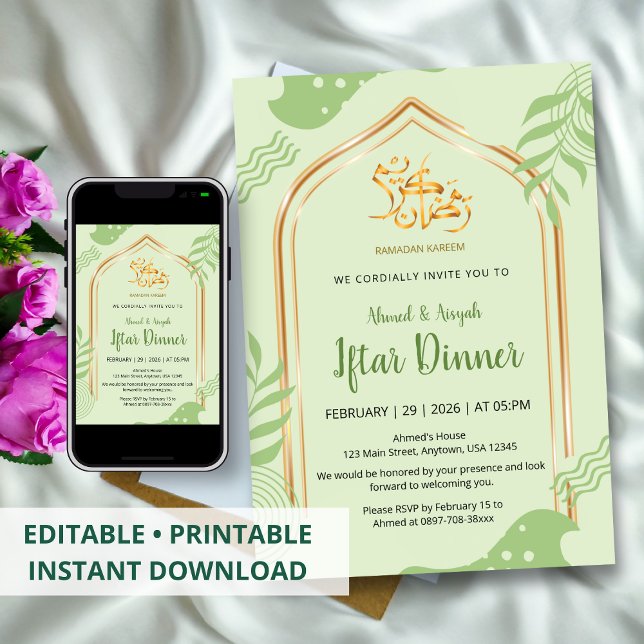 Convites Jantar de Iftar Floral Verde e Dourado Elegante (Criador carregado)