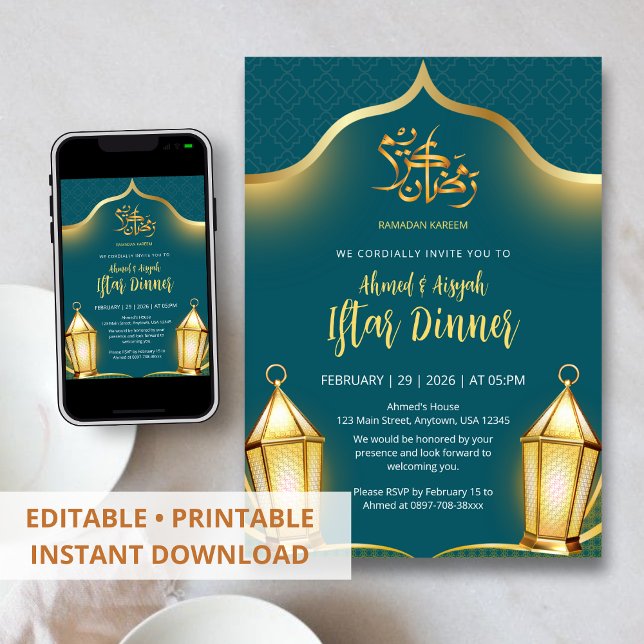 Convites Jantar de Iftar Islâmico Azul Turquesa e Dourado E (Criador carregado)
