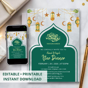 Convites Jantar de Iftar Islâmico Clássico Verde e Dourado