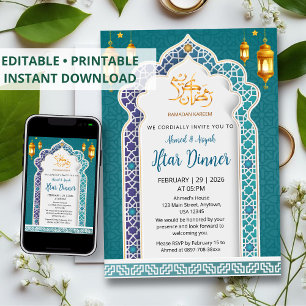 Convites Jantar de Iftar Islâmico de Luxo Azul Real e Doura