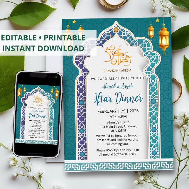 Convites Jantar de Iftar Islâmico de Luxo Azul Real e Doura (Criador carregado)