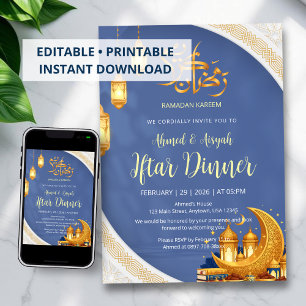 Convites Jantar de Iftar Islâmico Elegante Azul Real e Dour