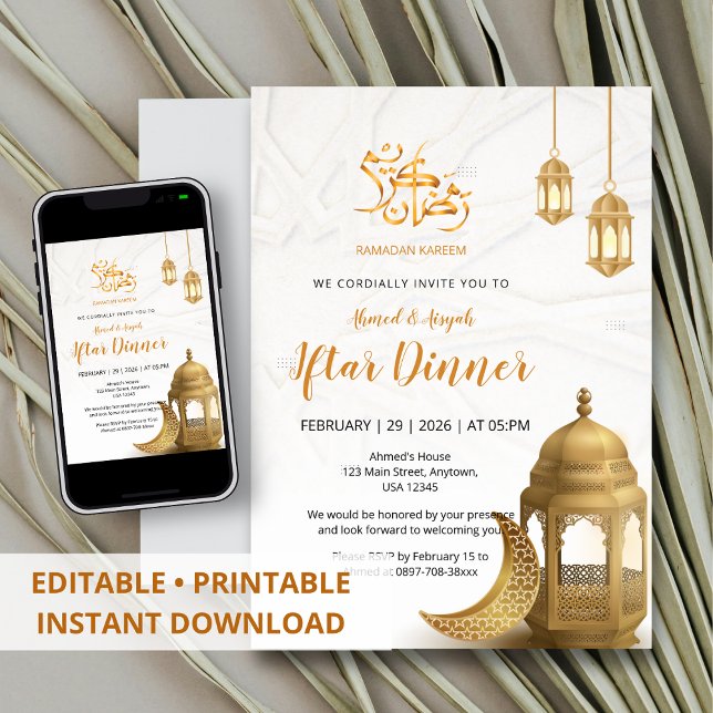 Convites Jantar de Iftar Lanterna Dourada Elegante & Cresce (Criador carregado)