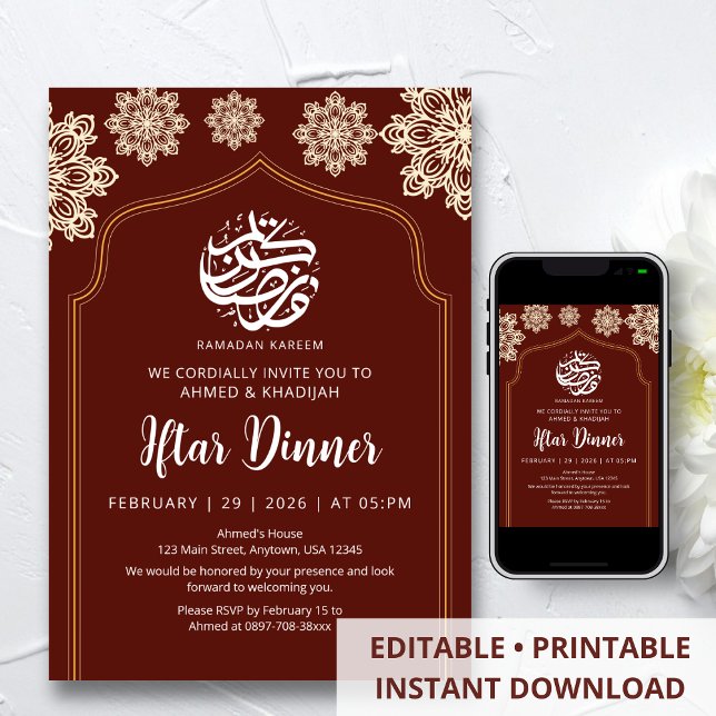 Convites Jantar de Iftar Minimalista Dourada Mandala Ramada (Criador carregado)
