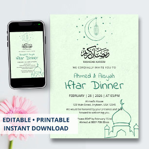 Convites Jantar de Iftar na Mesquita Crescente Verde Elegan