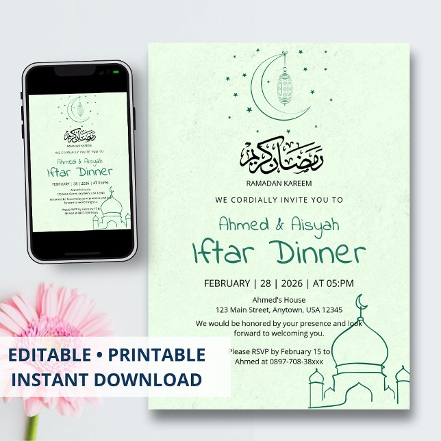 Convites Jantar de Iftar na Mesquita Crescente Verde Elegan (Criador carregado)