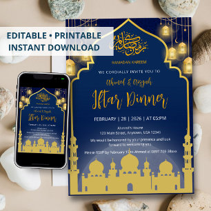 Convites Jantar de Iftar na Mesquita de Luxo Azul Marinho e