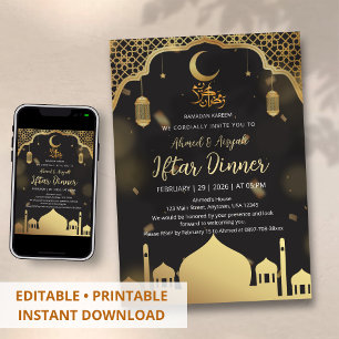 Convites Jantar de Iftar na Mesquita Preto e Dourado de Lux