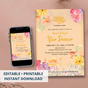 Convites Jantar de Iftar Ramadan Kareem Floral Aquarela