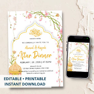 Convites Jantar de Iftar Rosa e Dourado Floral Elegante Ram