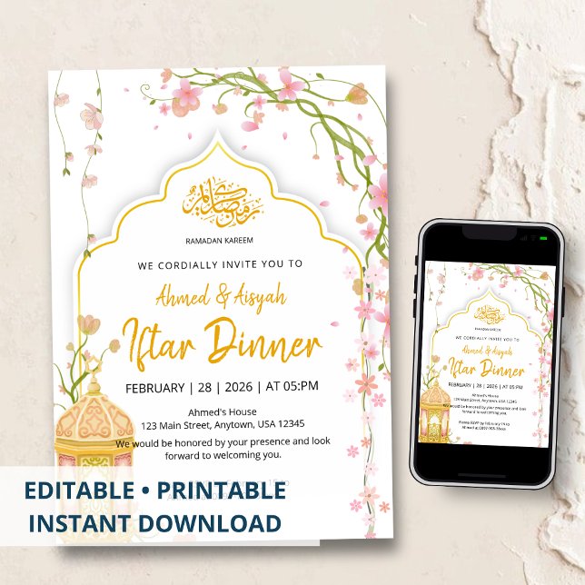 Convites Jantar de Iftar Rosa e Dourado Floral Elegante Ram (Criador carregado)