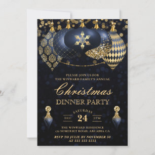 Convites Jantar de Natal com Bolas de Natal Elegantes Azul 