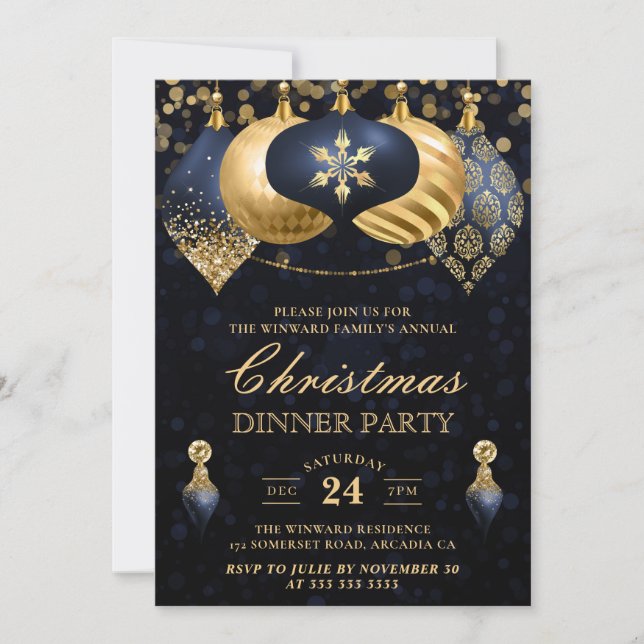 Convites Jantar de Natal com Bolas de Naval Azul e Dourado  (Frente)