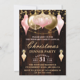 Convites Jantar de Natal com Bolas Rosa e Dourado