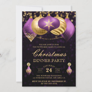 Convites Jantar de Natal com Bolas Roxas e Douradas Elegant