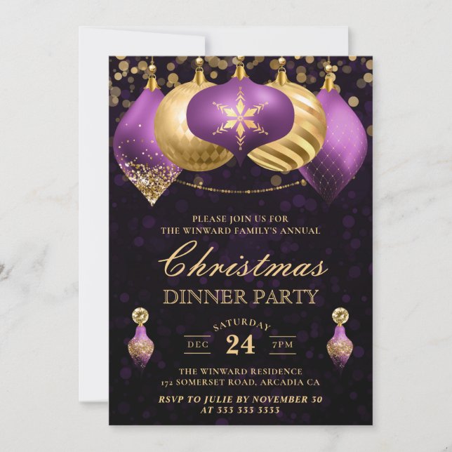 Convites Jantar de Natal com Bolas Roxas e Douradas Elegant (Frente)