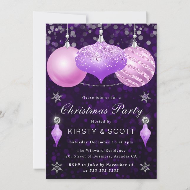 Convites Jantar de Natal com Enfeites Rosa e Roxo (Frente)