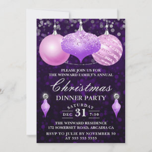 Convites Jantar de Natal com enfeites rosa e roxo