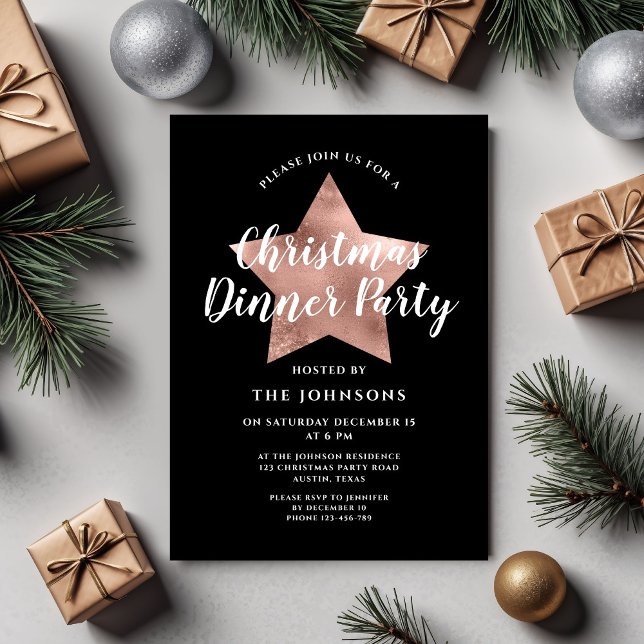 Convites Jantar de Natal com Estrela de Ouro Rosa Negra (Black Rose Gold Star Christmas Dinner Party Invitation)