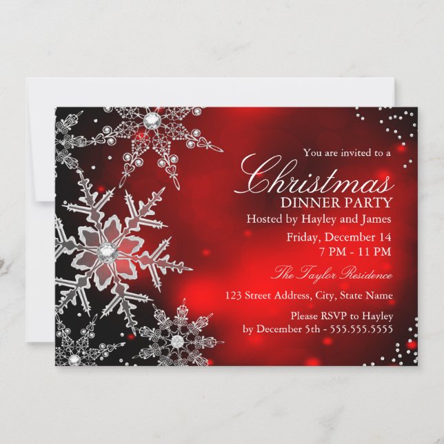 Convites Jantar de Natal com Floco de Neve Brilhante Vermel (Frente)