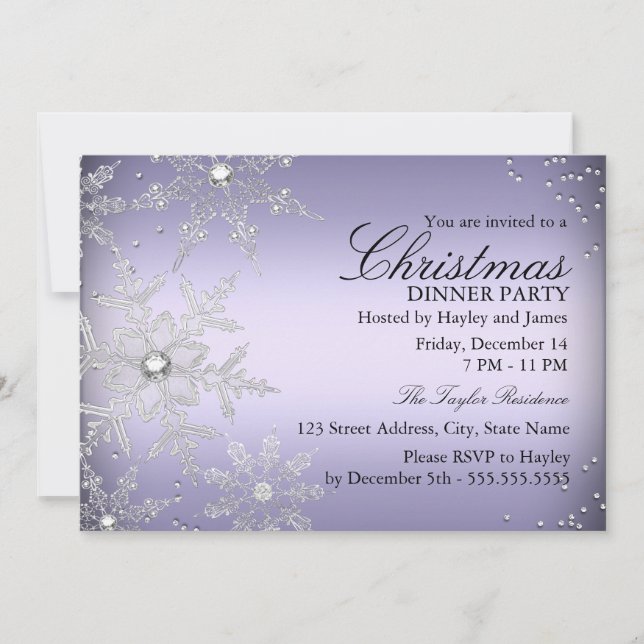 Convites Jantar de Natal com Floco de Neve de Cristal Roxo (Frente)