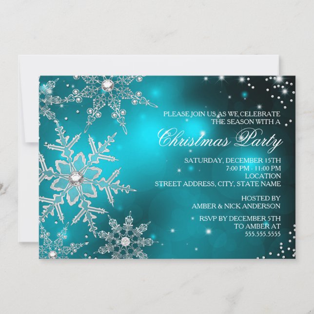 Convites Jantar de Natal com Floco de Neve de Cristal Turqu (Frente)