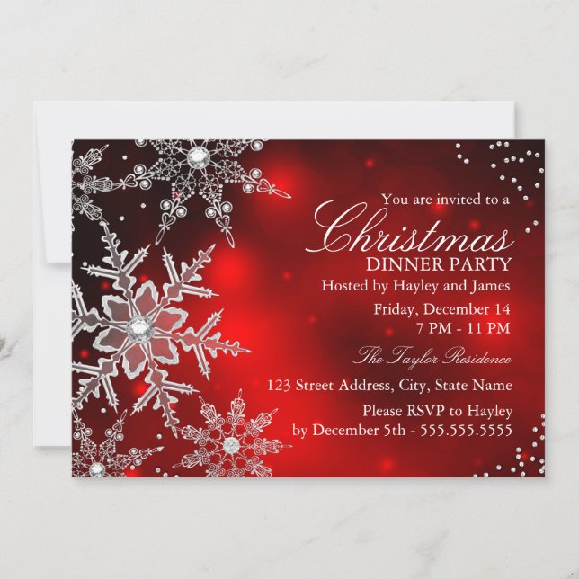 Convites Jantar de Natal com Floco de Neve de Cristal Verme (Frente)