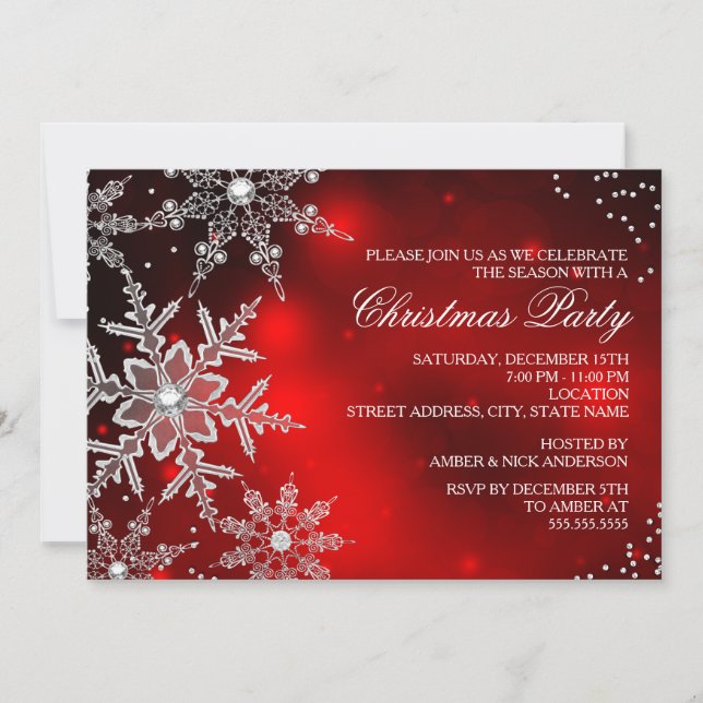 Convites Jantar de Natal com Floco de Neve de Cristal Verme (Frente)