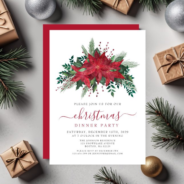 Convites Jantar de Natal com Flores de Poinsettia Vermelha (Red Poinsettia Floral Christmas Dinner Party Invitation)