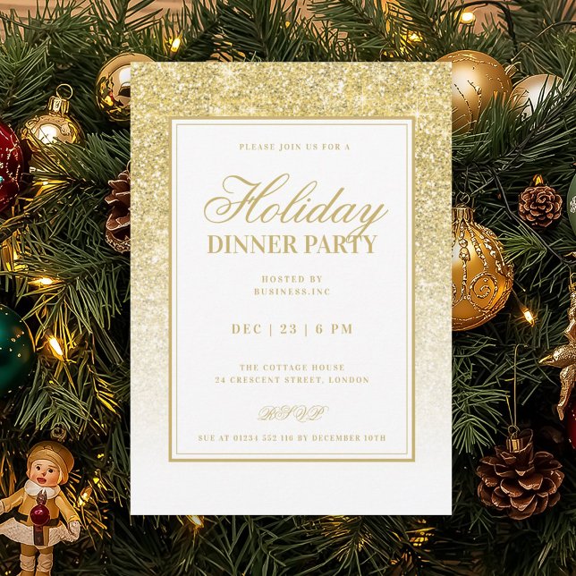 Convites Jantar de Natal com Glamour Dourado Formal FAUX La (Formal Gold Glam FAUX Glitter Holiday Dinner Invitation)