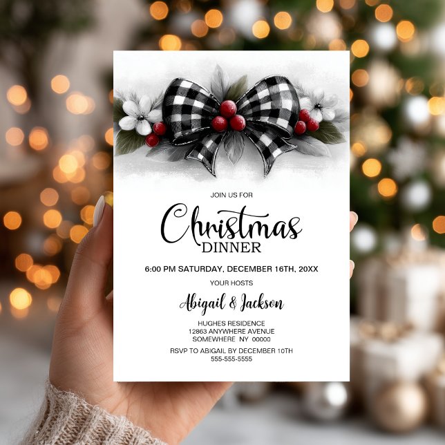 Convites Jantar de Natal com Laço de Xadrez de Búfalo (Criador carregado)