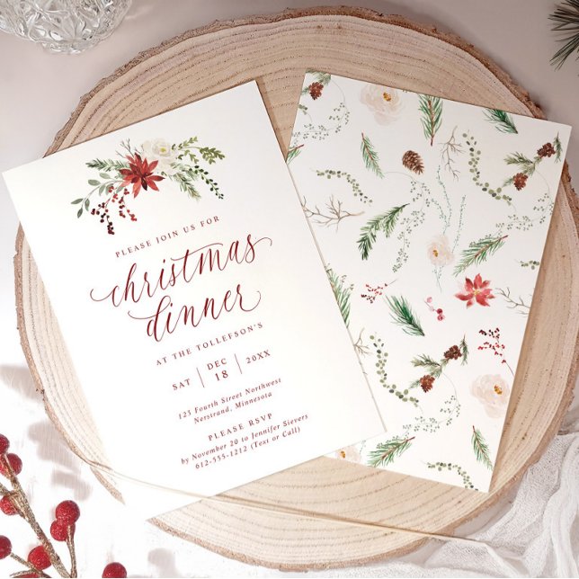Convites Jantar de Natal com Letra Elegante Aquarela (Elegant Christmas dinner invitation with watercolor greenery and calligraphy script.)