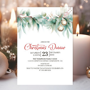 Convites Jantar de Natal com Verde Folhagem Aquarela