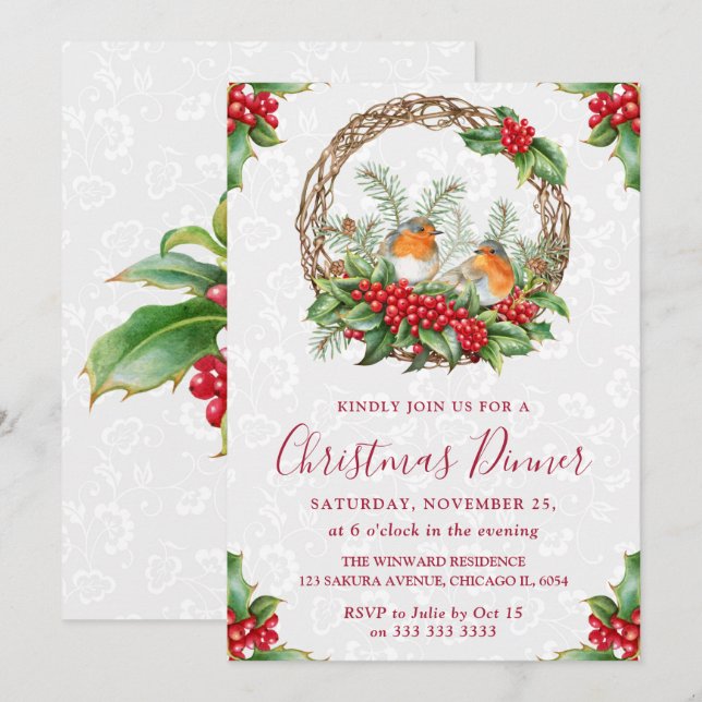 Convites Jantar de Natal Coroa de Robin e Holly Berry (Frente/Verso)