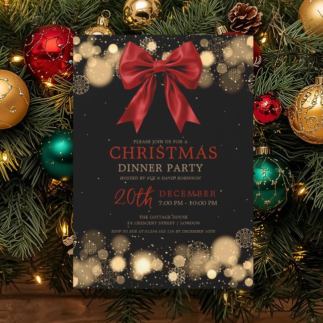 Convites Jantar de Natal das Festas de Natal Arco de Invern (Xmas Holiday Dinner Party Winter Bow Red Gold Invitation)