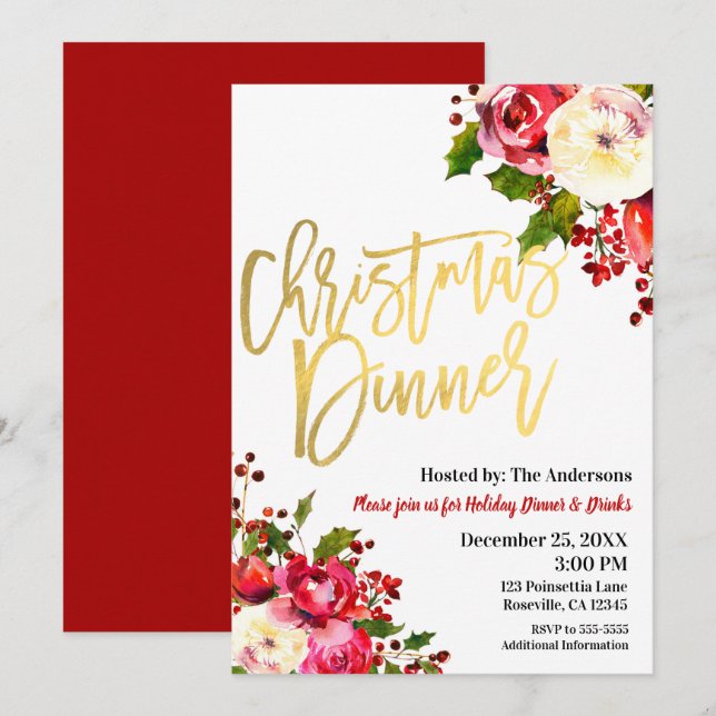 Convites JANTAR DE NATAL Dourado Moderno Script Frutas Flor (Frente/Verso)
